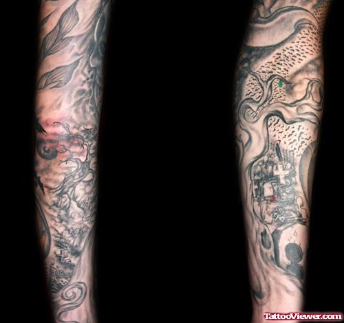 Awesome Grey Ink Graveyard Tattoos On Sleeve