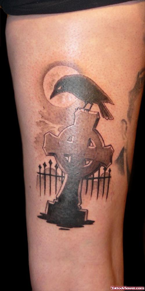 Amazing Graveyard Cross And Crow Tattoo