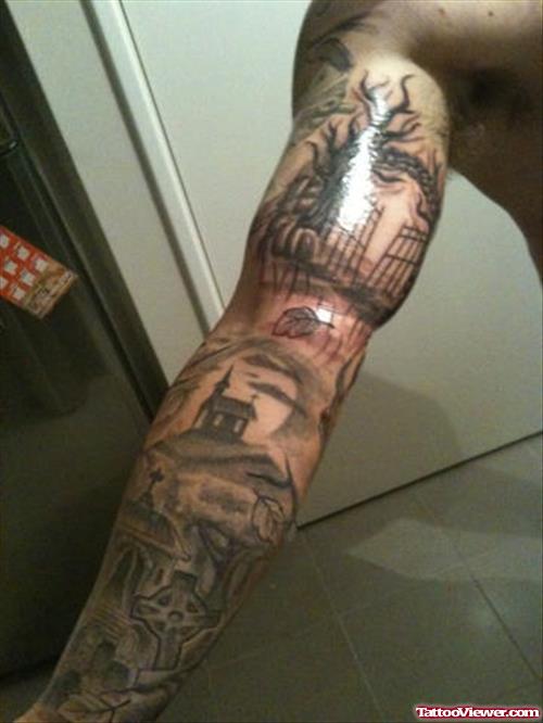 Man Sleeve Graveyard Tattoo.