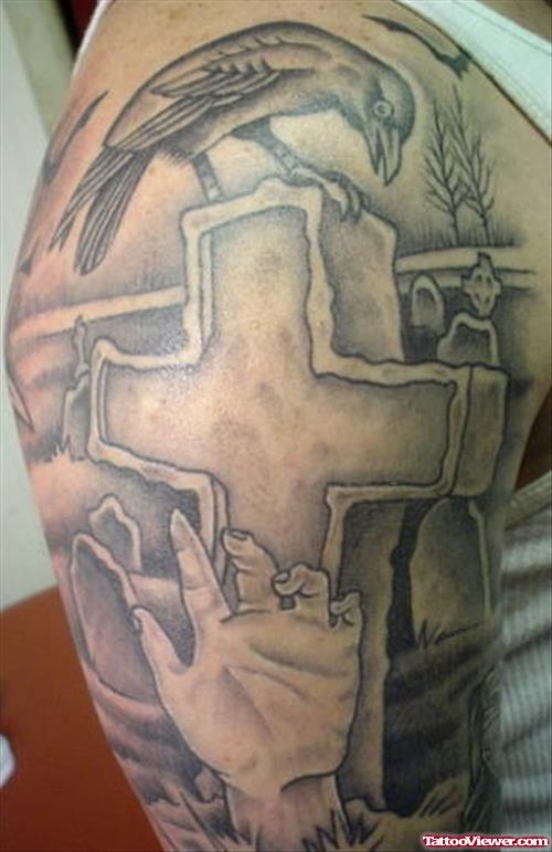Grey Ink Cross Graveyard Tattoo On Right Sleeve