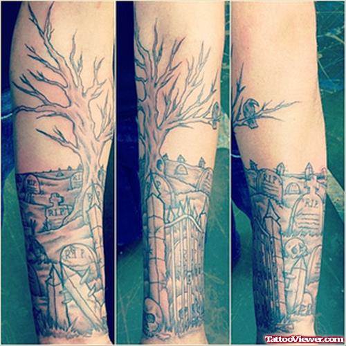 Awesome Grey Ink Graveyard Tree Tattoo