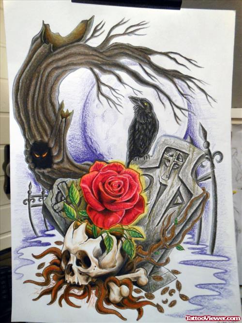 Red Rose And Skull Graveyard Tattoo Design