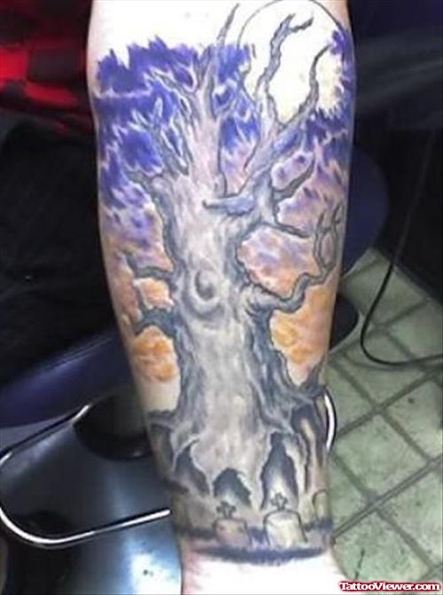 Color Ink Graveyard Tree Tattoo