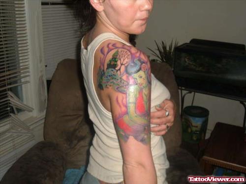 color Graveyard Tattoo On Right Half Sleeve