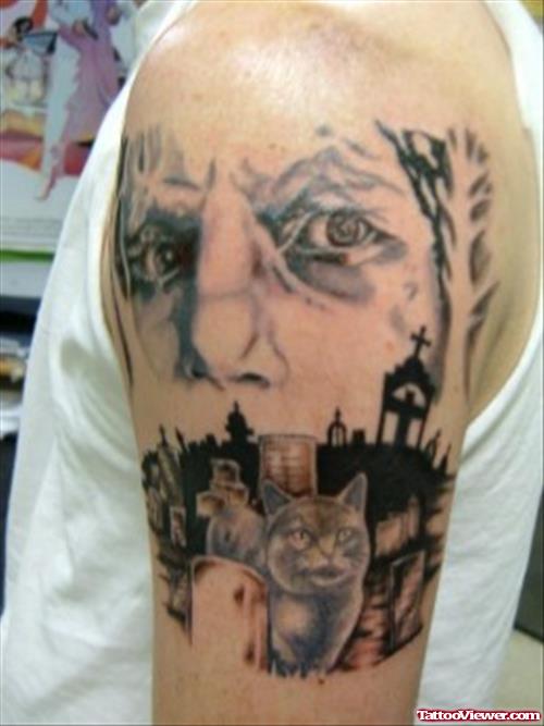 Awesome Graveyard Tattoo On Man Left Half Sleeve