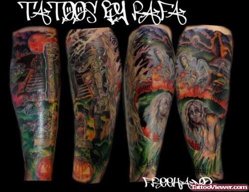 Awesome Colored Graveyard Tattoos On Sleeve