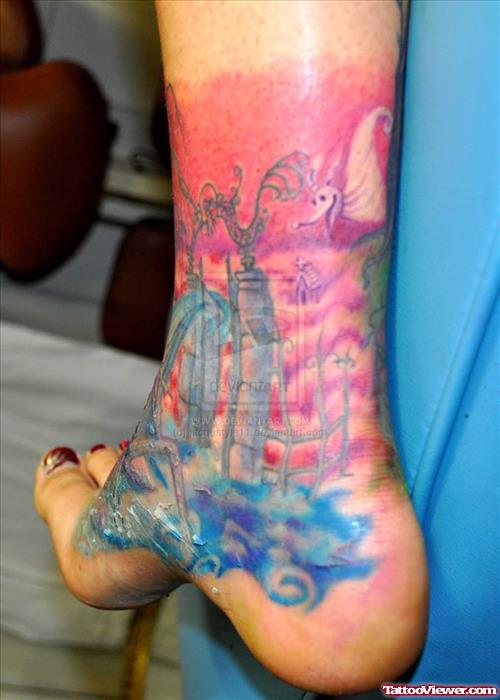 Awesome Color Ink Graveyard Tattoo On Girl Ankle
