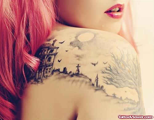 Amazing Grey Ink Graveyard Tattoo On Right Back Shoulder