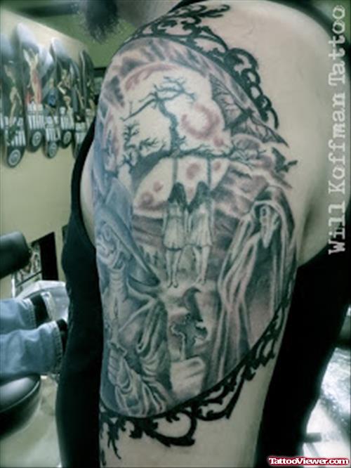 Amazing Grey Ink Graveyard Tattoo On Left Half Sleeve