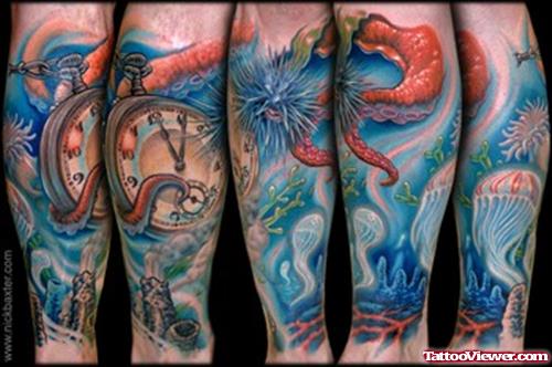 Amazing Color Ink Graveyard Tattoos On Sleeve