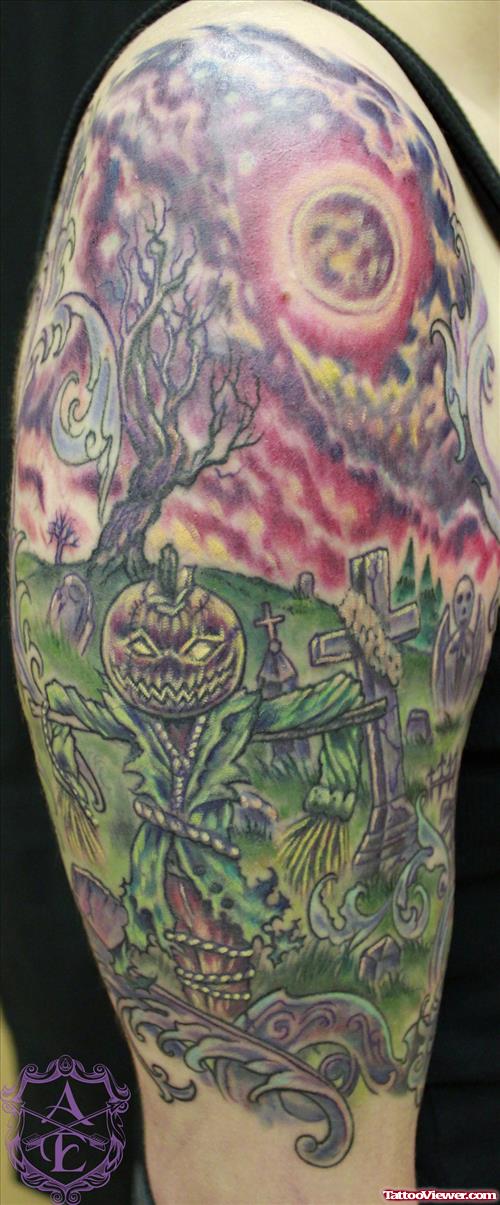 Halloween Graveyard Tattoo On Right Half Sleeve