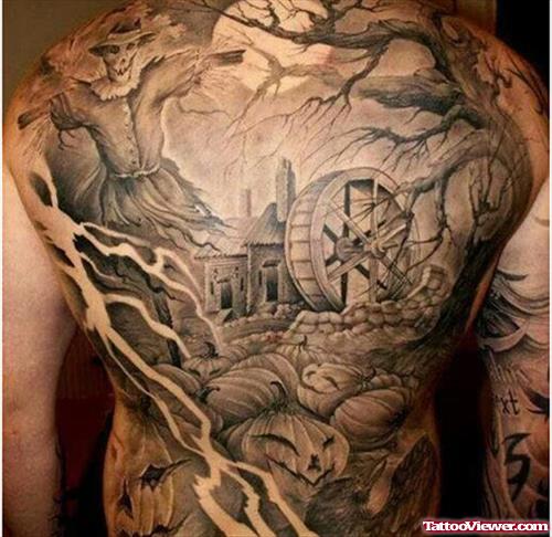 Grey Ink Graveyard Tattoo On Man Back