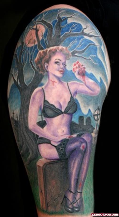Graveyard Pinup Girl Tattoo On Right Half Sleeve