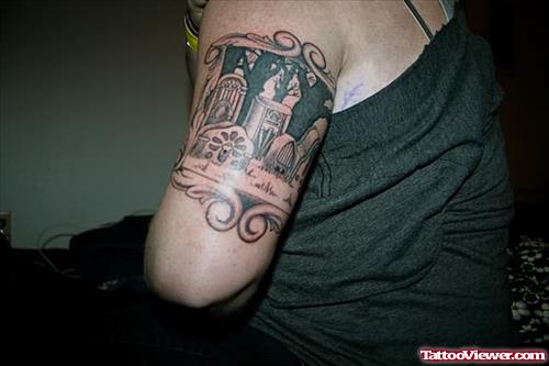 Beautiful Grey Ink Graveyard Tattoo On Left Half sleeve