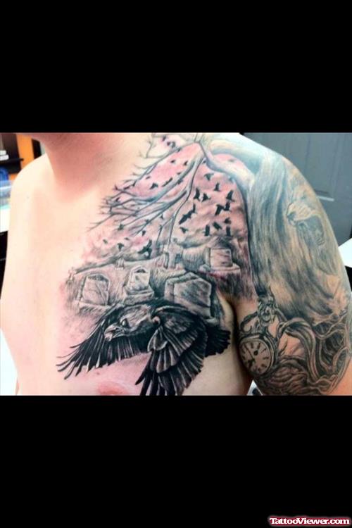Attractive Grey Ink Graveyard Tattoo On Man Left Shoulder
