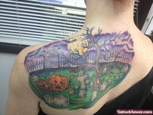 Color Graveyard Tattoo On Left Back Shoulder
