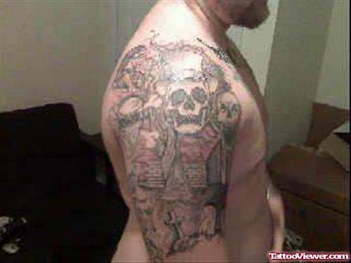 Awesome Grey Ink Graveyard Tattoo On Right Half Sleeve