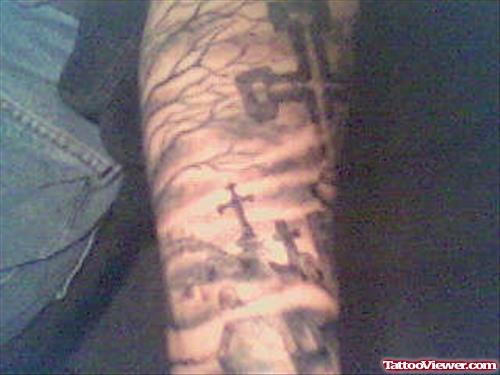 Awesome Grey Ink Cross Graveyard Tattoo