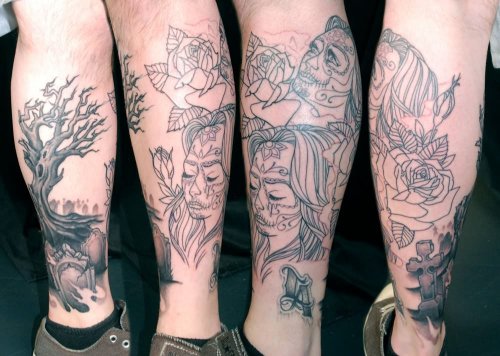 Black And Grey Ink Graveyard Tattoo On Leg