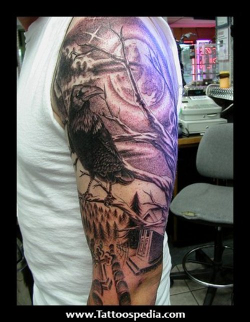 Grey Ink Graveyard Raven Tattoo