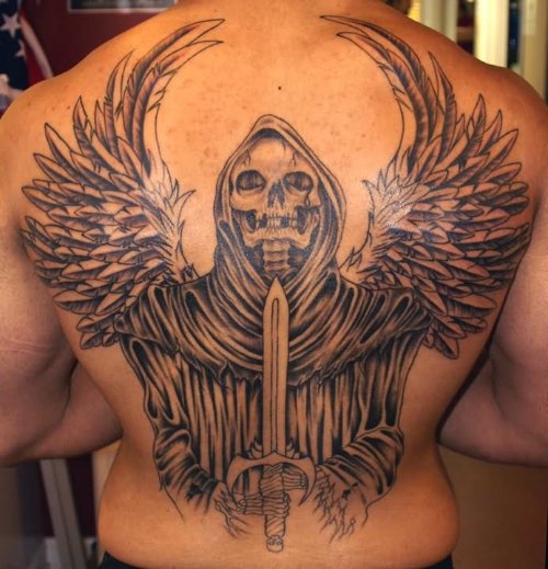 Grey Ink Graveyard Tattoo On Back