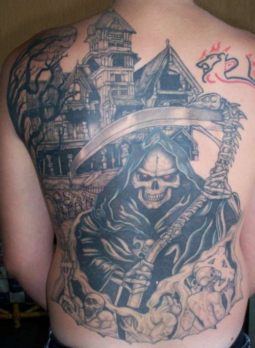 Grey Ink Horror Grim Reaper Graveyard Tattoo On Back