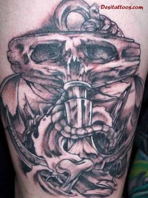 Attractive Grey Ink Graveyard Tattoo On Leg