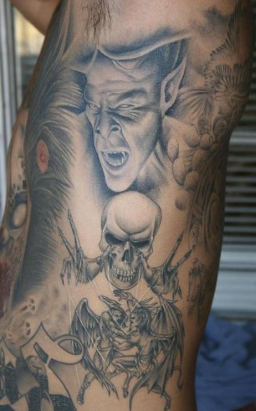 Grey Ink Graveyard Tattoo On Left Side Rib