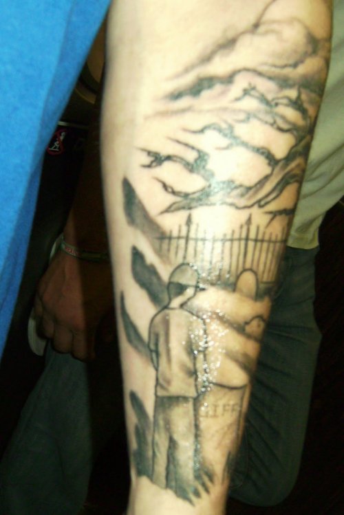 Awful Grey Ink Graveyard Tattoo On Left Sleeve