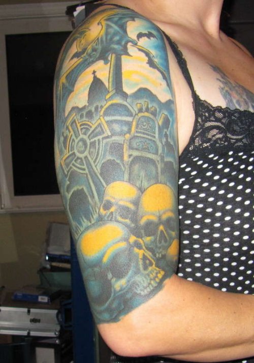 Skulls And Graveyard Tattoo On Right Half Sleeve