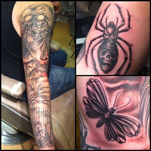 Grey Ink Full Sleeve Graveyard Tattoo