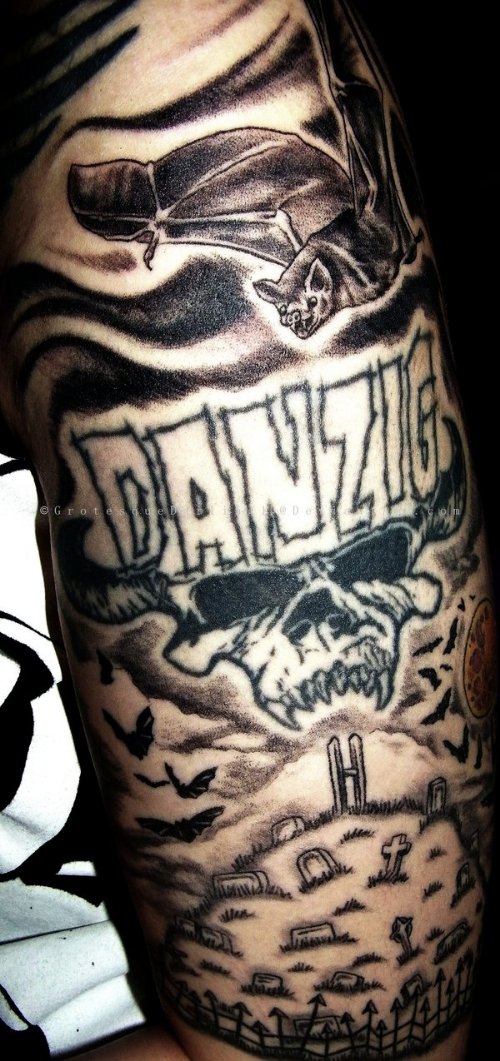 Grey Ink Graveyard Tattoo On Sleeve