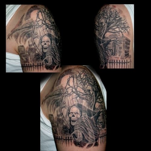 Grey Ink Reaper and Graveyard Tattoo Design