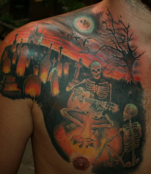 Dark Graveyard Tattoo On Man Chest
