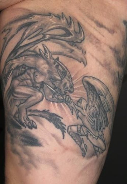 Amazing Grey Ink Demon Graveyard Tattoo