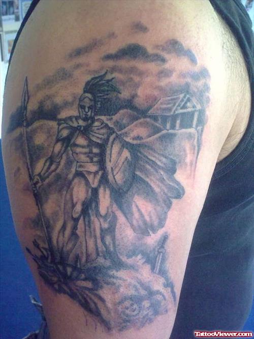 Grey Ink Spartan Greek Tattoo On Right Half Sleeve