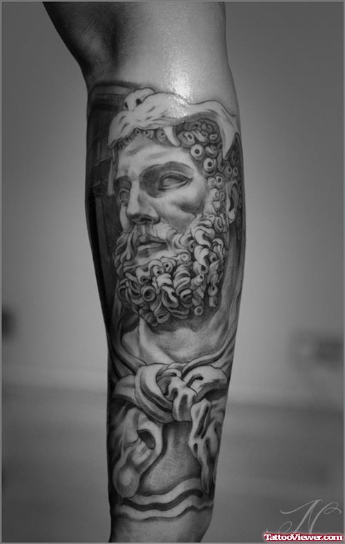 Left Sleeve Grey Ink Greek Tattoo
