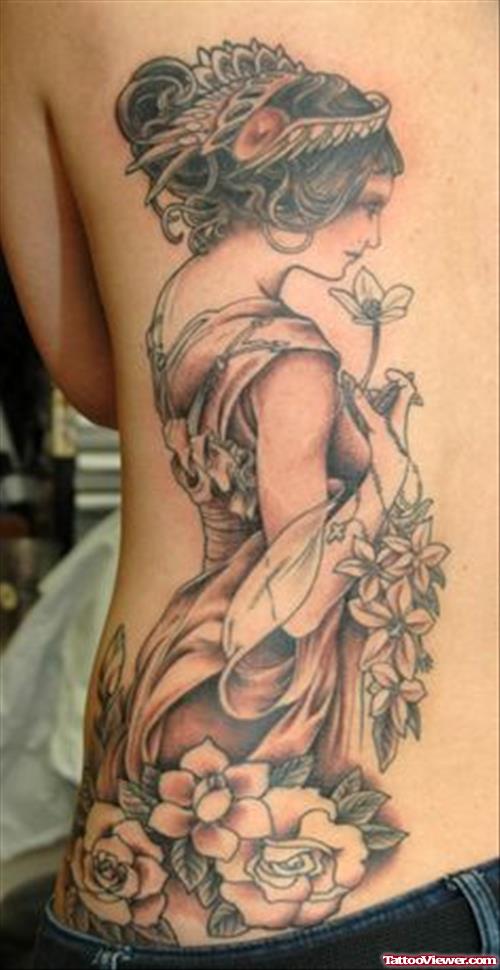 Greek Girl And Flowers Tattoo On Side