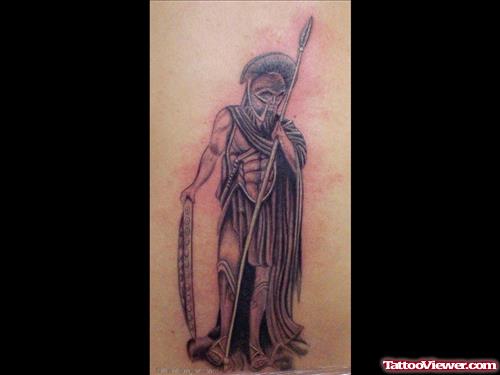 Classic Grey Ink Greek Warrior Tattoo