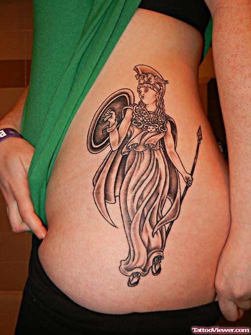 Grey Ink warrior Greek Tattoo On Side Rib