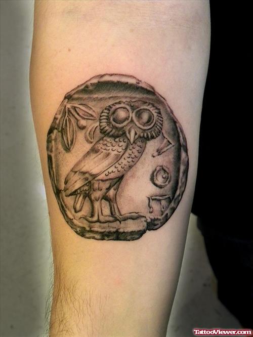 Grey Ink Greek Owl Tattoo On Right Arm