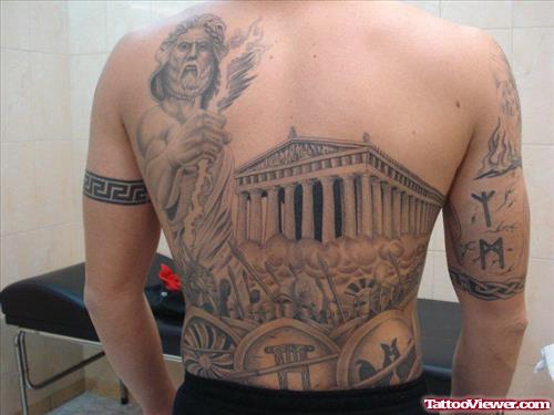 Amazing Grey Ink Greek Tattoo On Back