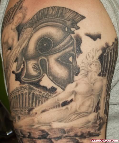 Dark Ink Greek Tattoo On Right Half Sleeve