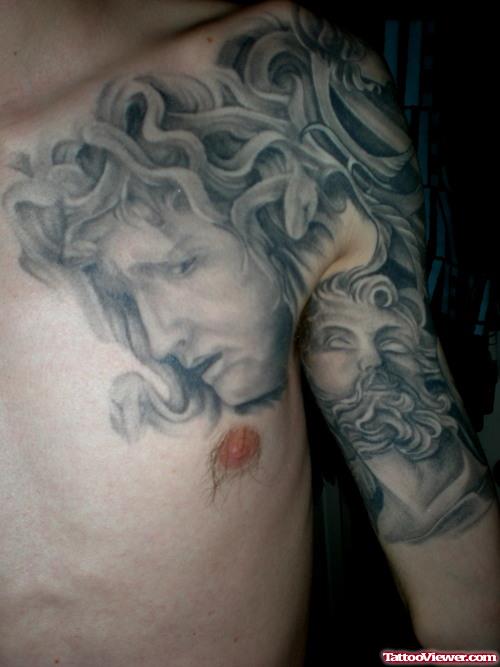 Classic Grey Ink Greek Tattoo On Man Left Shoulder