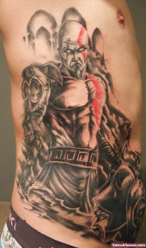 Beautiful Grey Ink Greek Tattoo On Man Rib Side