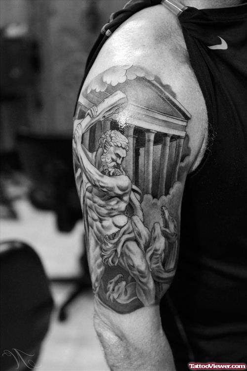 Unique Grey Ink Greek Tattoo On Man Right Half Sleeve