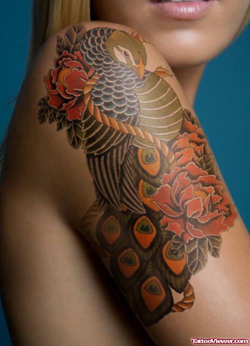 Colored Greek Peacock Tattoo On Right Half Sleeve