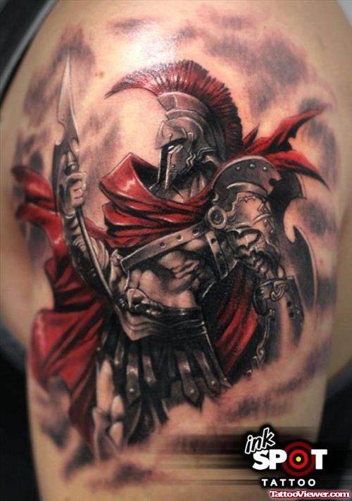 Color Ink Warrior Greek Tattoo On Left Shoulder