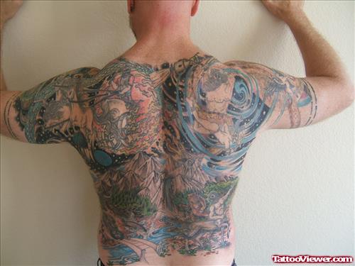 Color Ink Greek Tattoo On Man Back Body