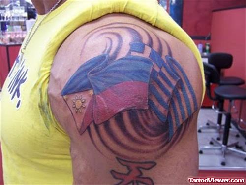Color Greek Tattoo On Left Shoulder